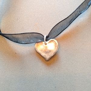 Handmade silver Heart pendant silk ribbon necklace